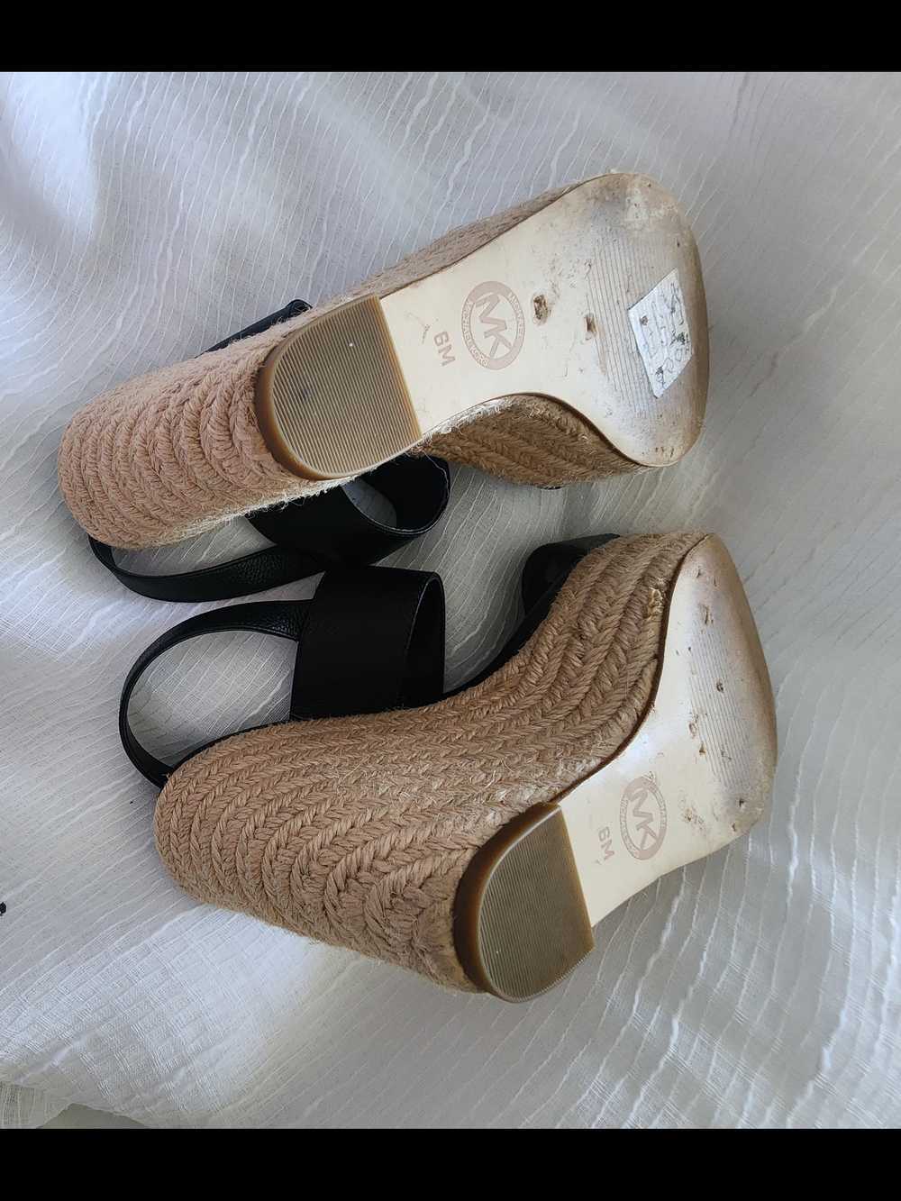 Michael Kors Black Leather Espadrille Wedge Sandals with Gold MK - Picture 5 of 5